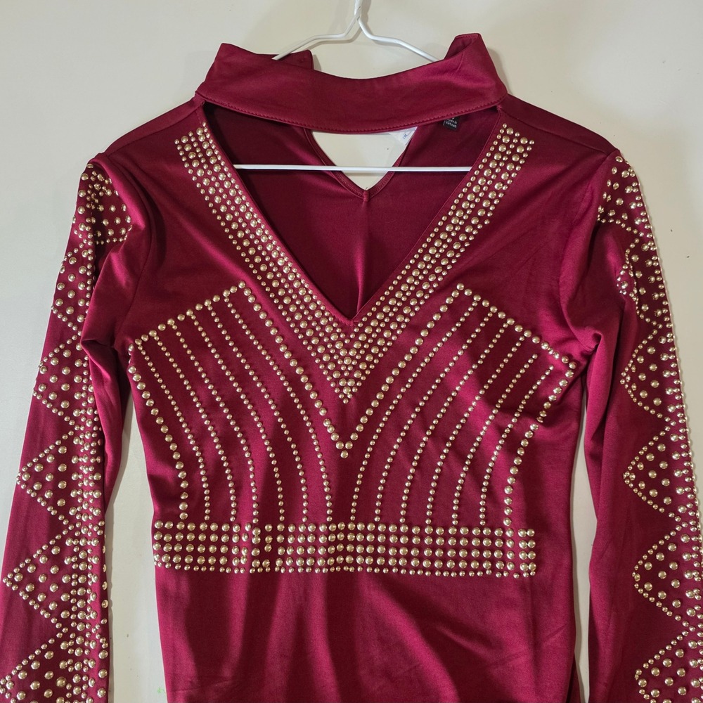 Burgundy‎ Studded Bodysuit Long Sleeve Mock Neck Party Clubwear Sexy Top